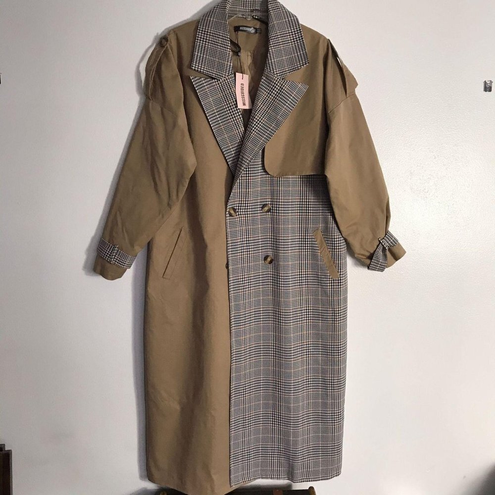 Miss Guided Brown Checkered Long Coat Size 10